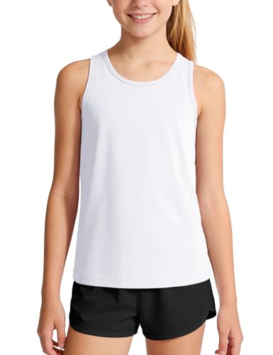 Girls Tank Tops - UPF 50+ Quick Dry Athletic Racerback - 7-8 Years White