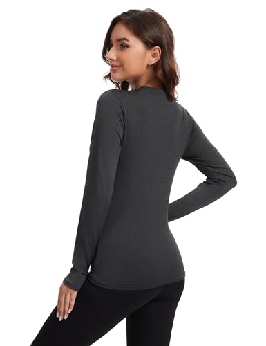 Kinglaman Women's Thermal Fleece Lined Long Sleeve Shirts 5 Pack - Black, White, Heather Grey, Large