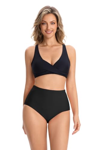 Micosuza Black High-Waist Retro Bikini Bottoms - Full Coverage Tankini Bottoms, 12