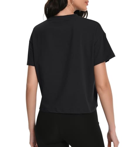 Auriviz Women's Large Black Oversized Cotton Crop Top T-Shirt for Workout