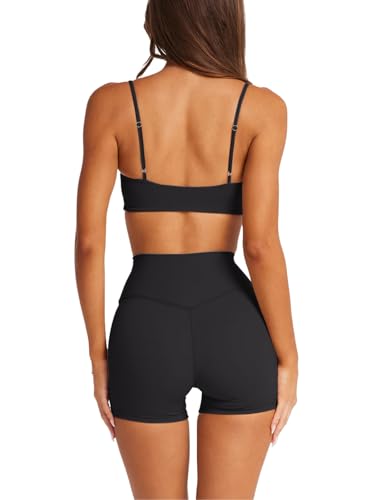 LASLULU Women's Black Small Spaghetti Strap Sports Bra Square Neck Crop Top