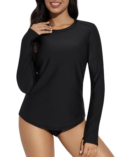 Long Sleeve Rash Guard Swim Shirt - UPF 50+ UV Protection - Black, Large