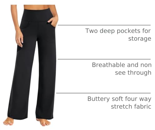 Promover Wide Leg Yoga Pants for Women with Pockets, Stretch, Regular-Height (5'4.5"-5'7") - Black