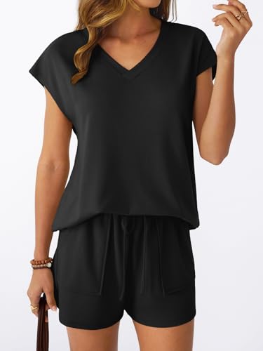 AUTOMET 2-Piece Summer Short Set for Women, V-Neck Cap Sleeve Lounge Clothing, Large / Black