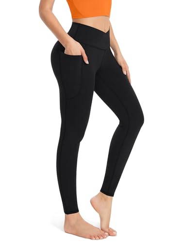 High Waisted Crossover Leggings with Pockets - Black, 25" Inseam, X-Large