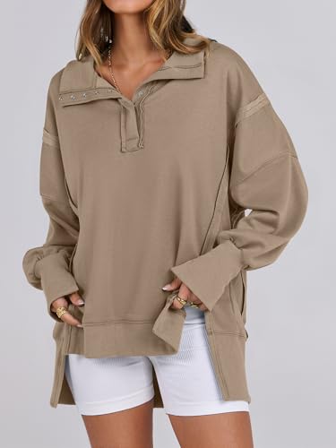 Oversized Henley Sweatshirt for Women - Khaki, Medium