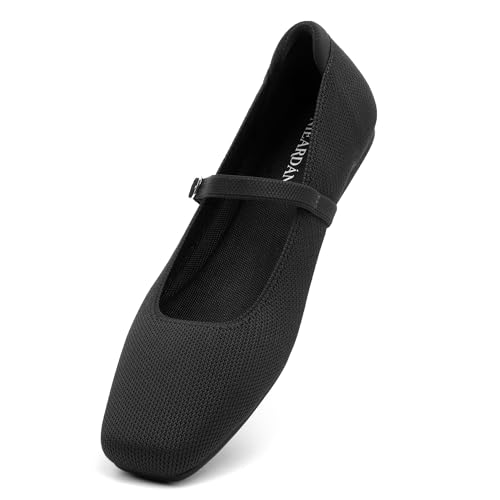 NIEARDAN Women's Ballet Flats 6.5 Black Square Toe Slip-On Shoes Casual Dress