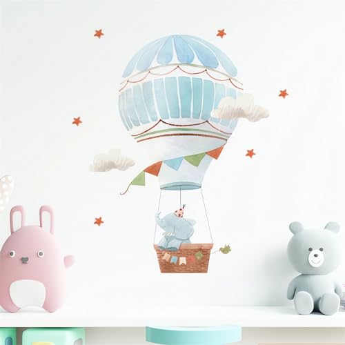 Cute Baby Elephant Hot Air Balloon Stars Wall Stickers, sacinora Cartoon Animal Wall Decals Removable Vinyl Peel and Stick for Kids Baby Nursery Bedroom Toddler Room Kindergarten Art Decorations