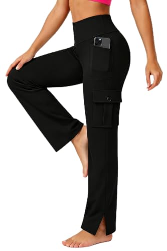 YepMoll Women's Medium Black Cargo Yoga Pants with Multi Pockets & Slit - Casual Trousers