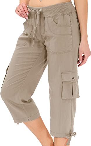 Womens Capris with Pockets - Loose Fit Casual Cargo Pants - Khaki, X-Large