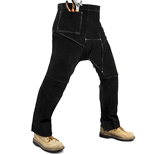 Leather Welding Pants - Heat & Flame Resistant Split Leather Safety Leg Protection for Men and Women, Adjustable M to XXXL