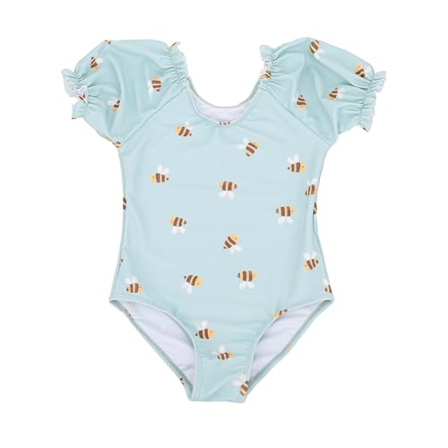 Girls' One-Piece Swimsuit - Adorable Bunny Floral Puff Sleeve - Green 7-8Y