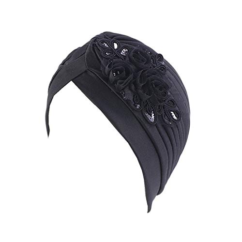 Qianmome Women's Sequin Flower Turban Head Wrap Black - Elegant Muslim Beanie