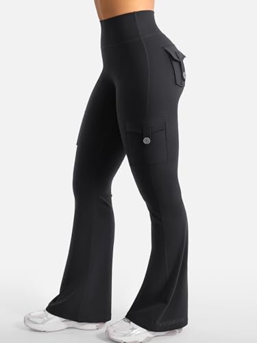 High Waisted Scrunch Flare Leggings with Cargo Pockets - Soft & Comfortable