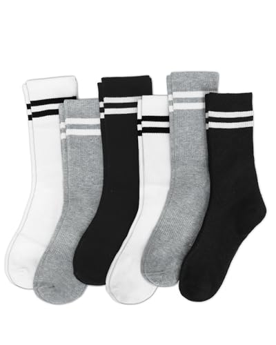 Striped Crew Socks for Women - 6 Pairs in Light Grey, Black & White