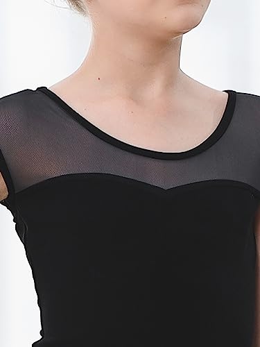 Stelle Girls Ballet Leotard with Cotton Mesh Cap Sleeves for Dance Class, 8-9 Years, Black