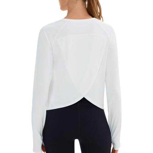 HODOSPORTS Women's Cropped Athletic Workout Top Small White Split Back Long Sleeve Gym Shirt