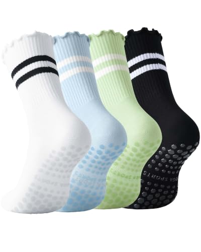 Non-Slip Pilates Socks for Women - Ruffle Crew, 4 Pairs Multicolor