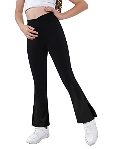 Bootcut Yoga Pants for Teen Girls - Crossover Split Hem, 7-8 Years, Black