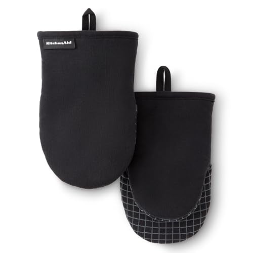 KITCHENAID Gourmet Series Gridlines Mini Oven Mitts 2-Pack Set, Heat Resistant up to 600¡ÆF, Soft Silicone Grip, Magnetic Cuff, Matte Black, 5.5"x9"