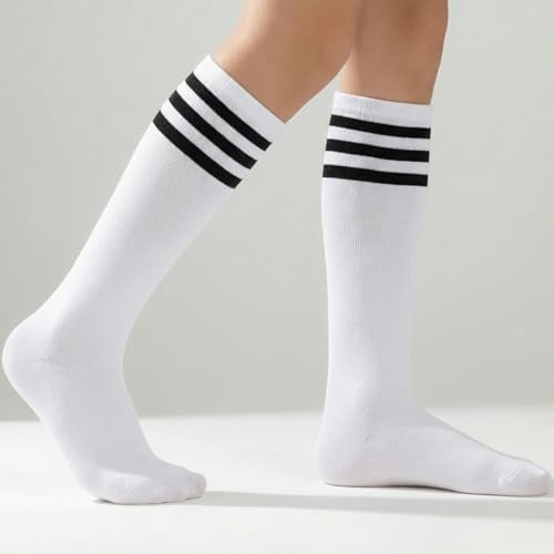 Kids Soccer Socks - Striped Knee High Athletic Socks - White & Black - Ages 6-9