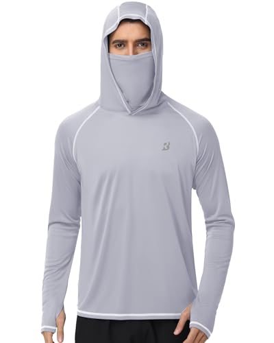 Roadbox UPF 50+ Long Sleeve UV Sun Hoodie with Mask, Light Gray (Large) Rash Guard for Men