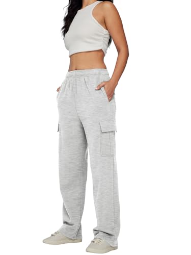 Automet Womens Grey Cargo Sweatpants - High Waisted Baggy Fit, Medium