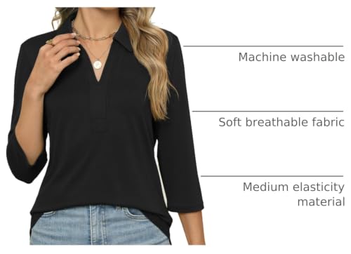 Women's 3/4 Sleeve V-Neck Collared Polo Shirt - Summer Business Casual Top - Black XL