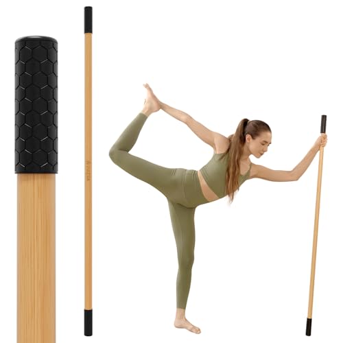 Yoga Stick for Stretching - 5ft Bamboo Exercise Bar with Non-Slip Grip - Natural Bamboo