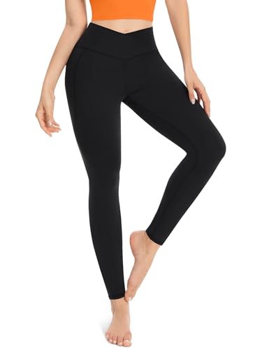 High Waisted Crossover Leggings with Pockets - Black, 25" Inseam, X-Large