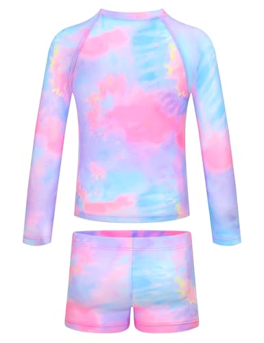 Girls Long Sleeve Rash Guard Swimsuit with Shorts - Tie Dye B, 10-12 Years