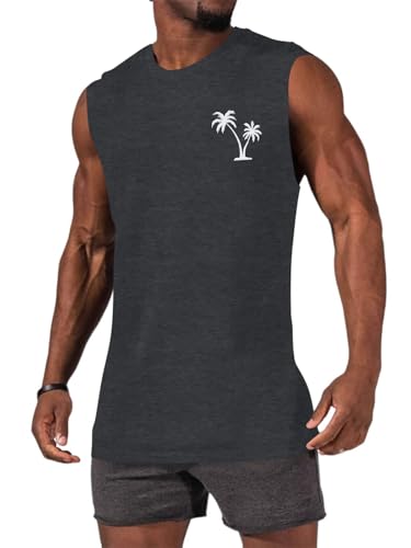 Men's Tropical Hawaiian Palm Tree Print Tank Top - Dark Grey, Medium
