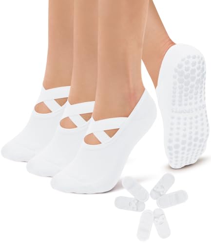 Diu Life Large-X-Large White Pilates Socks with Grips - Non Slip Yoga & Dance Socks (3 Pack)
