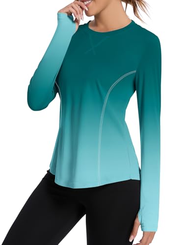 Avoogue Women's UPF 80+ UV Long Sleeve Workout Shirt with Thumb Holes Blue Green Gradient XL