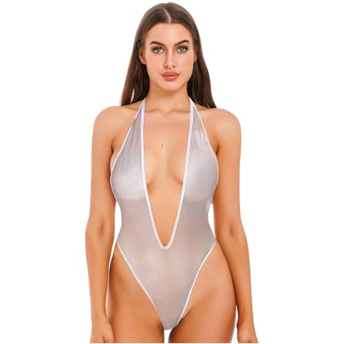 JasmyGirls Sexy White One-Piece Swimsuit Bodysuit, Sheer Mesh, High Cut (Small-Medium)