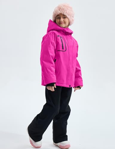 GEMYSE Girl's Waterproof Ski Snow Jacket with Fleece & Hood - Rose Red, Size 10-12