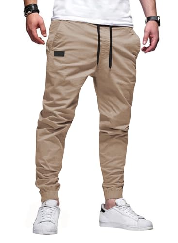 JMIERR Men's Cotton Stretch Joggers - Casual Twill Track Pants, Large, Soft Khaki