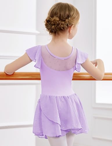 Zaclotre Girls Ballet Leotard with Ruffle Sleeves & Sparkle - Light Purple 4-5T