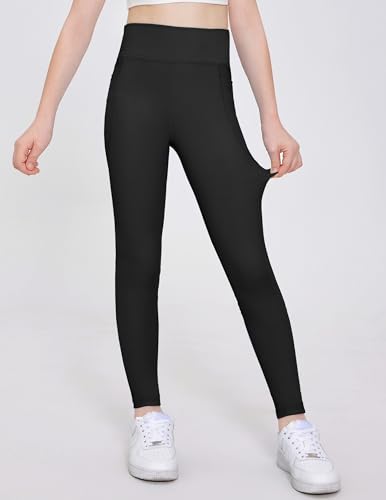 Arshiner Girls High Waist Yoga Leggings with Pockets - Black, Ages 13-14