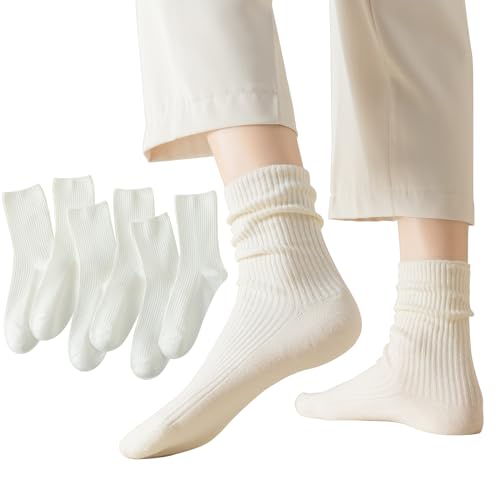 Flydo 6 Pairs Crew Socks for Women Cute White Cotton Casual Soft