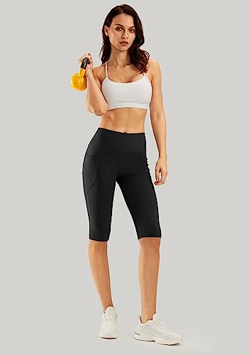 SANTINY Women's Knee Length Capris with Pockets, High Waisted Yoga Leggings - Black, Large