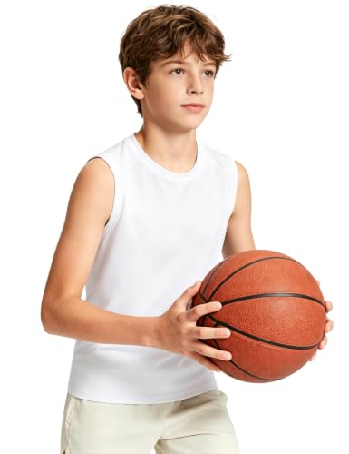 Boys Sleeveless Compression Shirt - Kids Football Undershirt, 9-10 Years, White