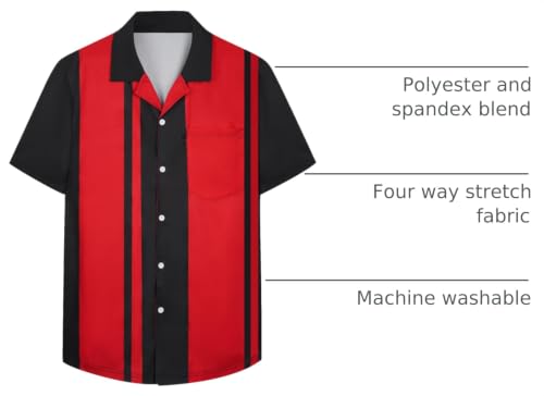 SEAOYOZO Bowling Shirts for Men Short Sleeve Hawaiian Button Down X-Large Black Red Colorblock