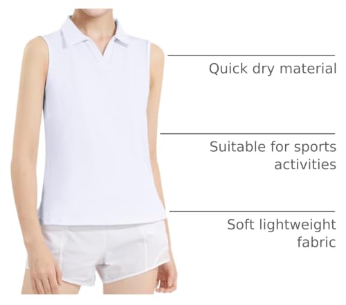 Girls Sleeveless Polo Shirt - Quick Dry Golf Tennis Top, 11-12 Years, White