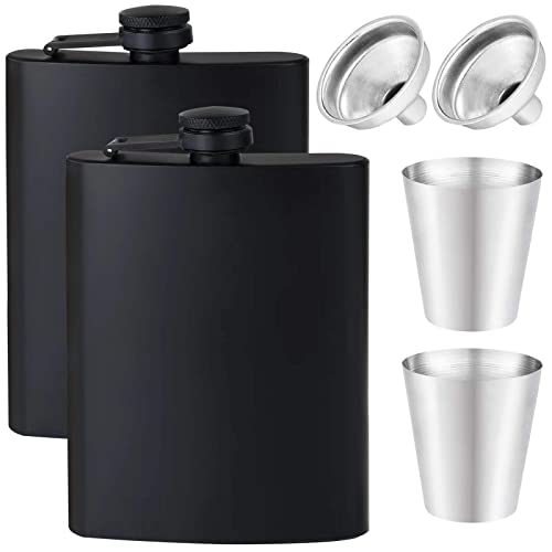 Matte Black 8Oz Hip Flask Set - 2 Pcs with Funnel & Mini Glasses