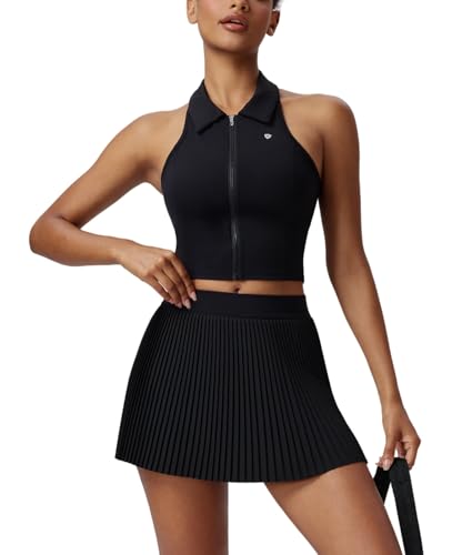 Women Sleeveless Medium Black 2-Piece Tennis Golf Outfit Zip Polo Top Pleated Skirt Set AFZ