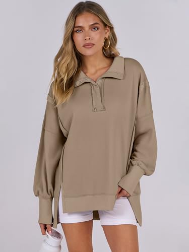 Oversized Henley Sweatshirt for Women - Khaki, Medium