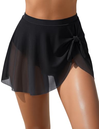 Blooming Jelly Women's High Waisted Mesh Swim Skirt & Tie Knot Bottoms - Large Black
