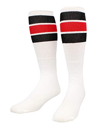 Retro Tube Socks with Stripes - Large Black/Scarlet, 70's 80's Style
