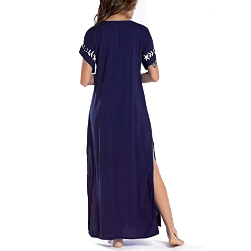 Embroidery V Neck Short Sleeve Women's Swim Cover Up Dress